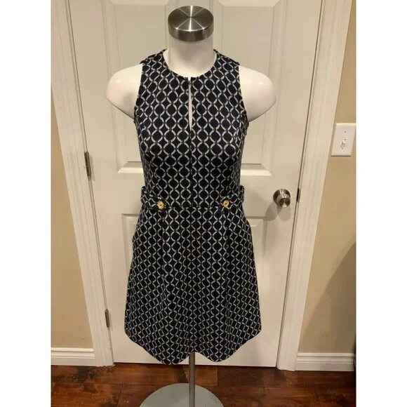 Tabitha Anthropologie Navy Blue Chain Link Keyhole Fit & Flare Dress, Size 0 - Picture 1 of 7